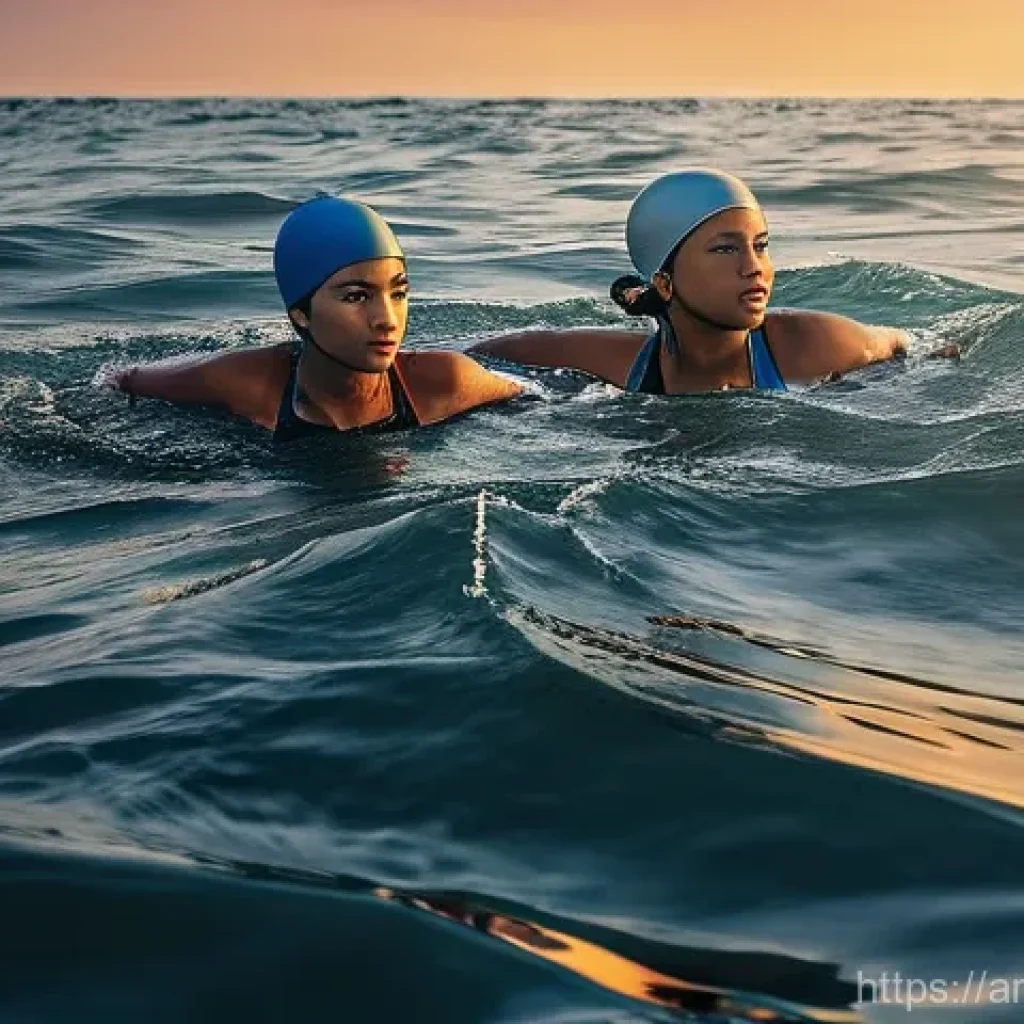 수영을 테마로 한 영화와 드라마 추천 - **Prompt 1: Resilience in the Open Sea**
    "Two young women, sisters, with determined expressions,...