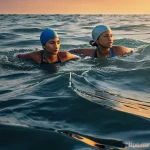 수영을 테마로 한 영화와 드라마 추천 - **Prompt 1: Resilience in the Open Sea**
    "Two young women, sisters, with determined expressions,...