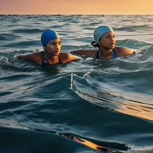 수영을 테마로 한 영화와 드라마 추천 - **Prompt 1: Resilience in the Open Sea**
    "Two young women, sisters, with determined expressions,...