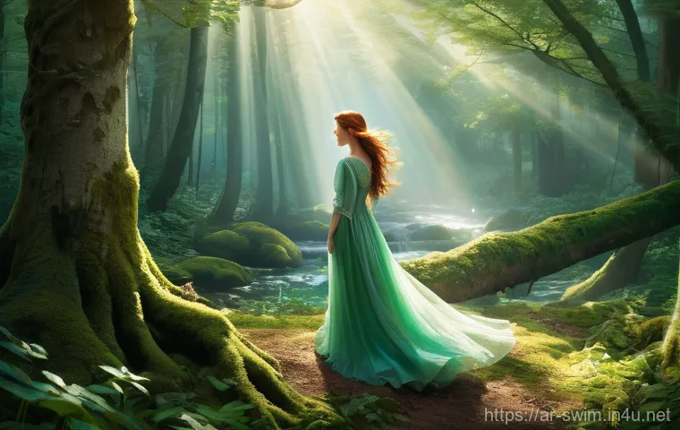 어린이 수영복 디자인과 기능성 비교 - **Prompt 1:** A young woman, appearing to be in her early twenties, with long, flowing auburn hair a...